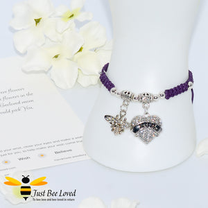handmade Shamballa wish mother bracelet in purple featuring a bee and love heart engraved with "Mom" with sentimental verse card
