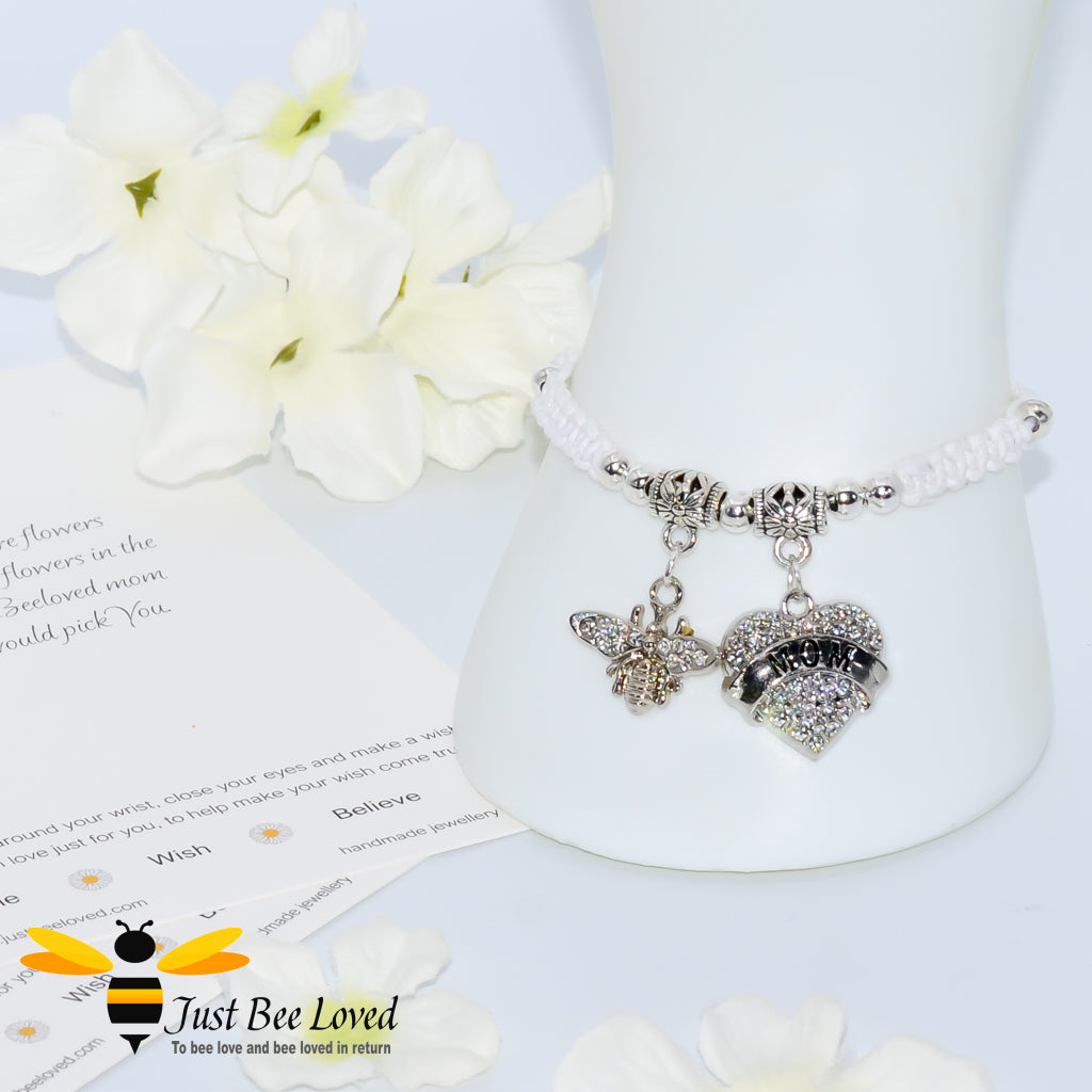 White shamballa bee charm bracelet featuring a love heart engraved with Mom with a verse card