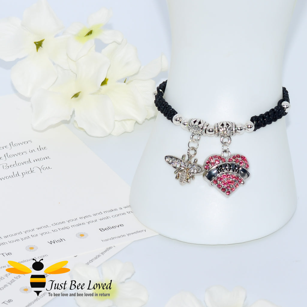 Black shamballa bee charm bracelet featuring a love heart engraved with Mom with a verse card