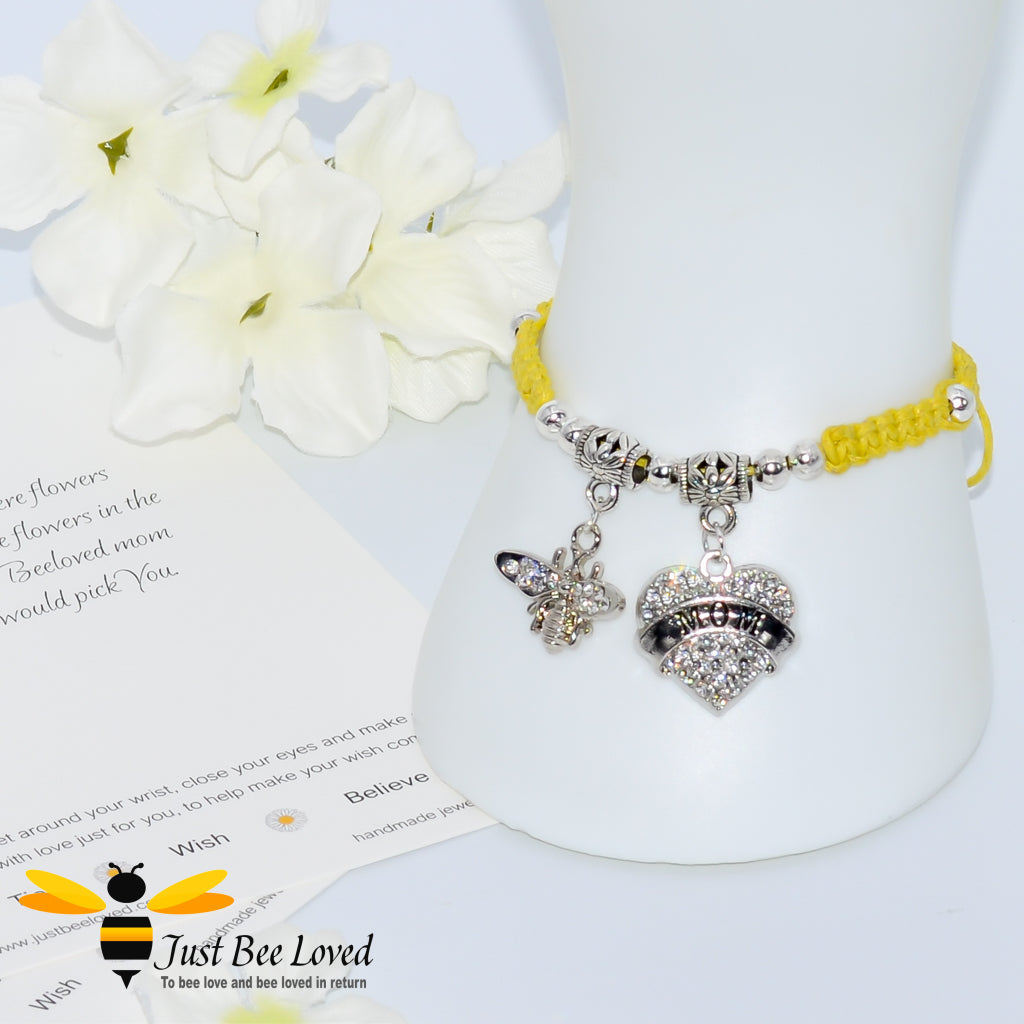 Yellow shamballa bee charm bracelet featuring a love heart engraved with Mom with a verse card