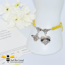 Load image into Gallery viewer, handmade Shamballa wish mother bracelet in yellow featuring a bee and love heart engraved with &quot;Mom&quot; with sentimental verse card