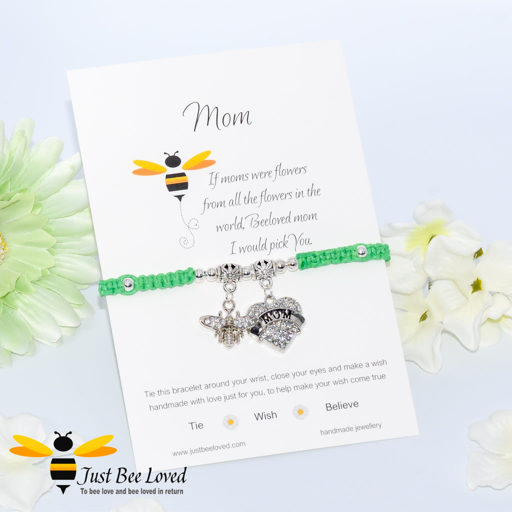 green shamballa bee charm bracelet featuring a love heart engraved with Mom with a verse card