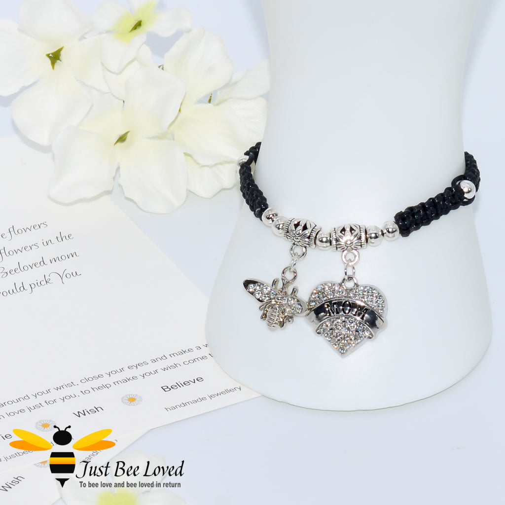 Black shamballa bee charm bracelet featuring a love heart engraved with Mom with a verse card