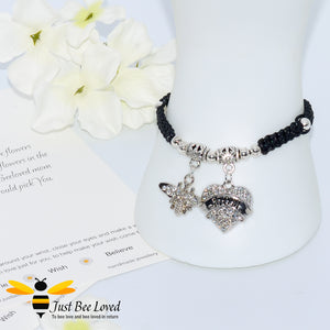 handmade Shamballa wish mother bracelet featuring a bee and love heart engraved with "Mom" with sentimental verse card