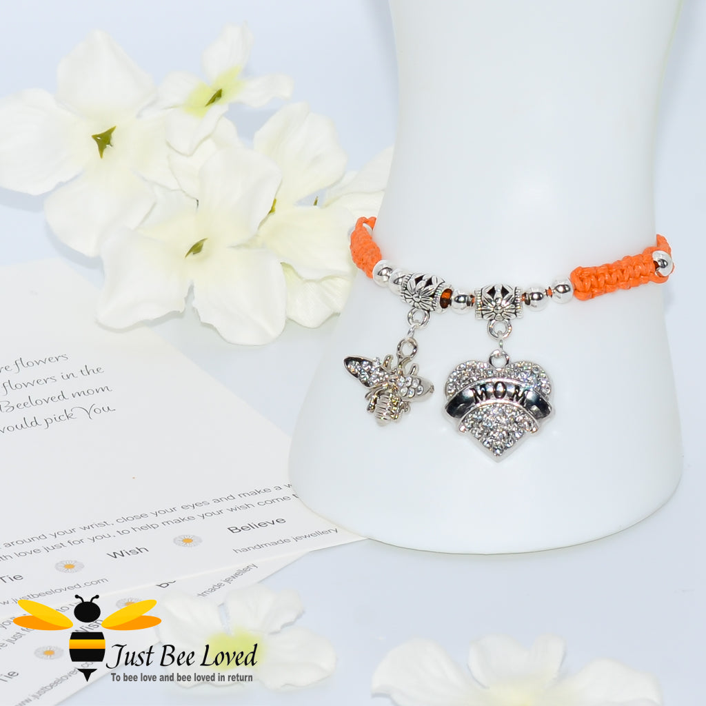 Orange shamballa bee charm bracelet featuring a love heart engraved with Mom with a verse card