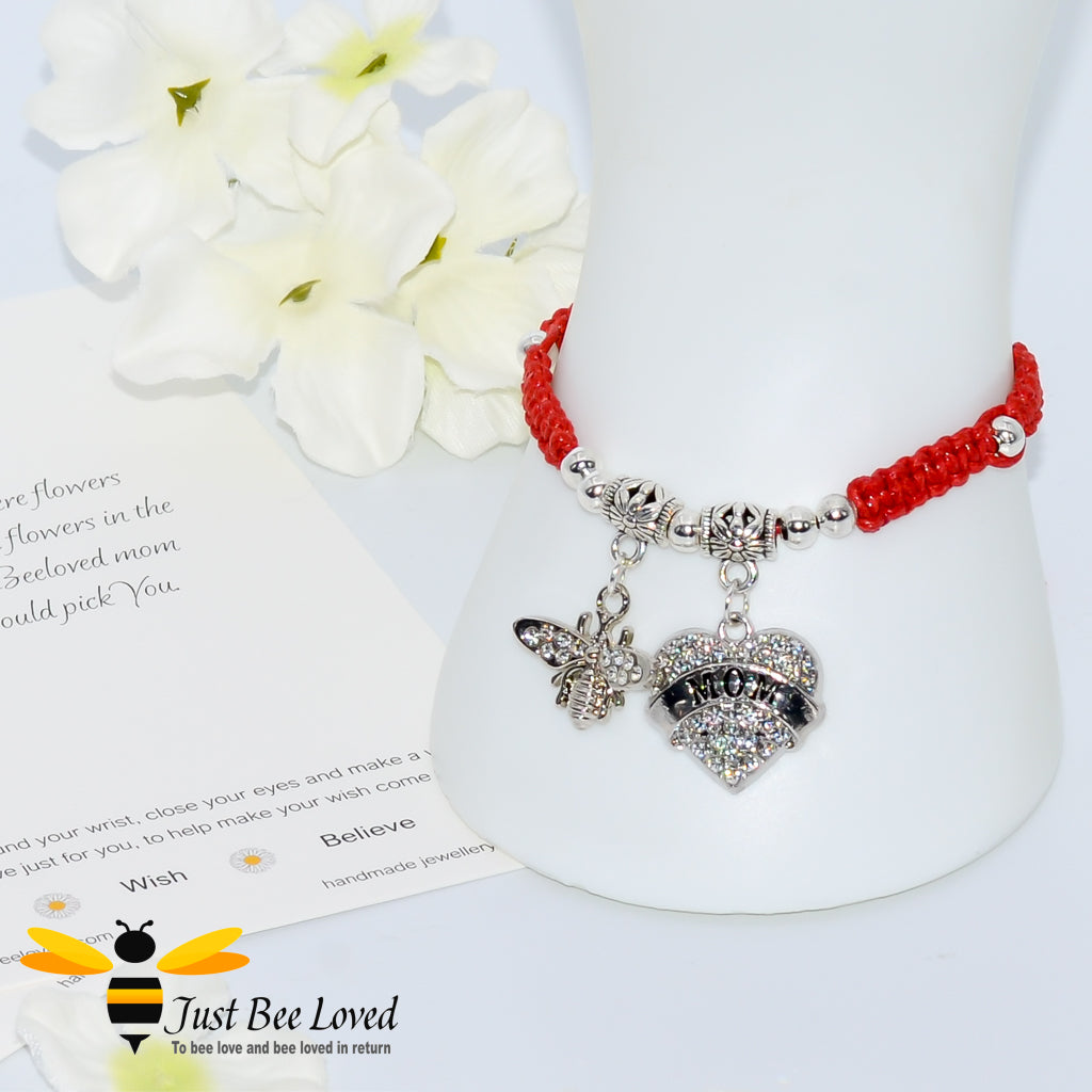 Red shamballa bee charm bracelet featuring a love heart engraved with Mom with a verse card