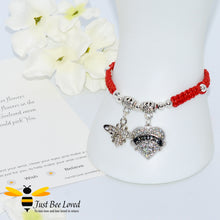 Load image into Gallery viewer, handmade Shamballa wish mother bracelet in red featuring a bee and love heart engraved with &quot;Mom&quot; with sentimental verse card