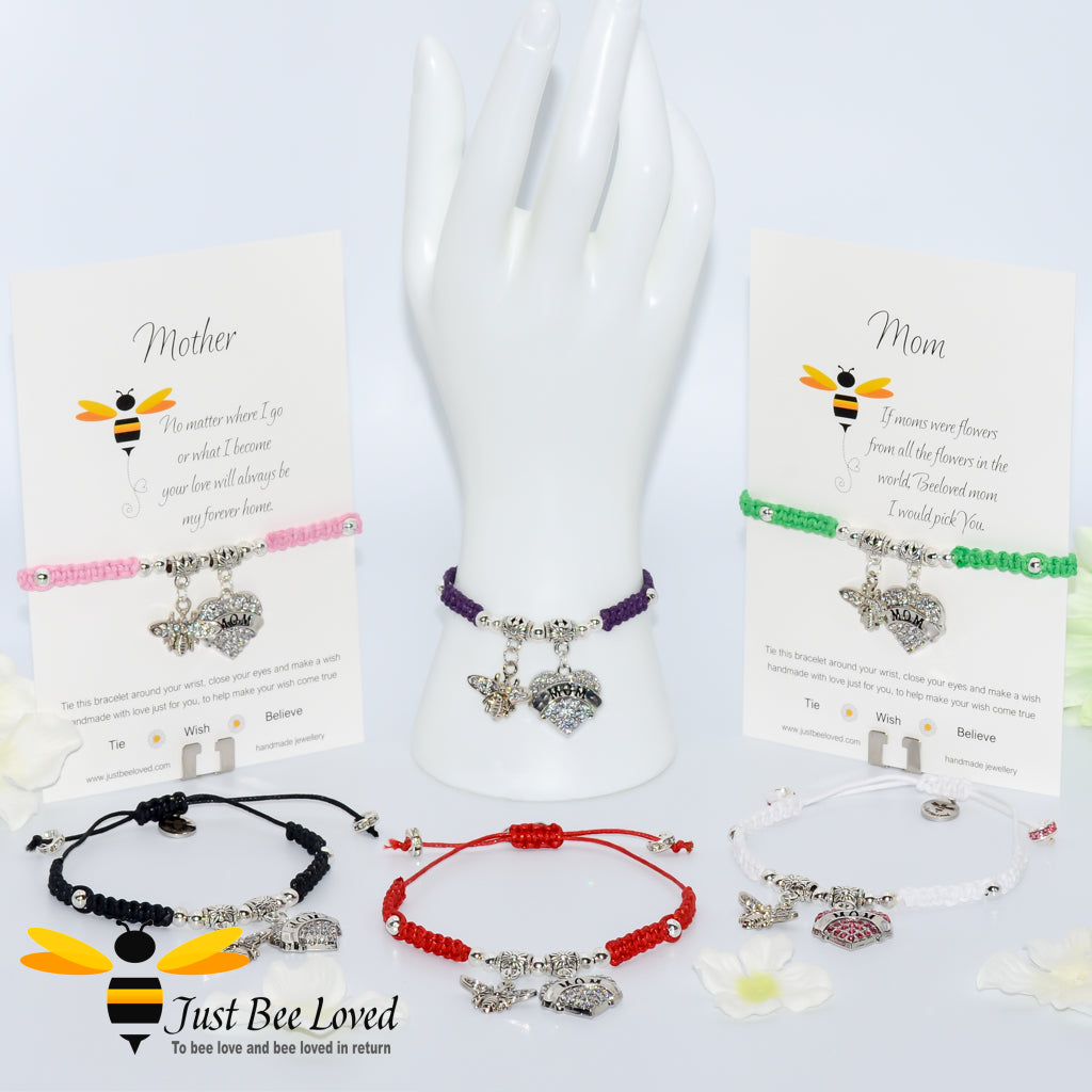 Shamballa bee charm bracelets featuring a love heart engraved with Mom with a verse card