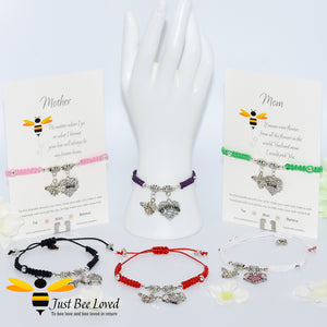 handmade Shamballa wish charm bracelets featuring a bee and love heart engraved with "Mom" with sentimental verse card