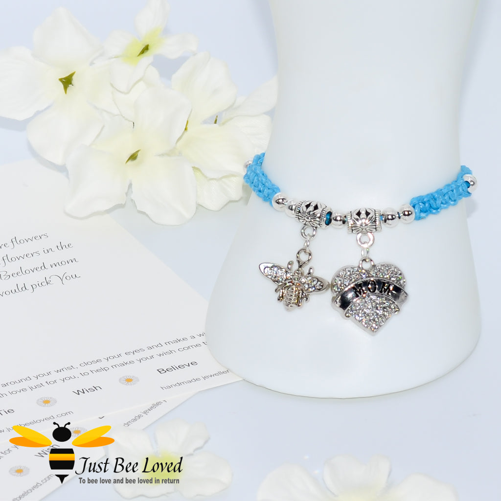 Blue shamballa bee charm bracelet featuring a love heart engraved with Mom with a verse card