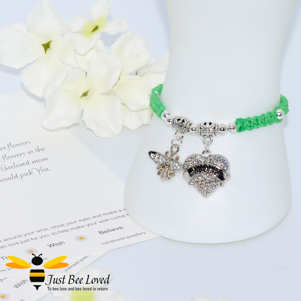 Green shamballa bee charm bracelet featuring a love heart engraved with Mom with a verse card