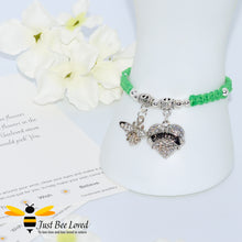 Load image into Gallery viewer, handmade Shamballa wish charm bracelet in green featuring a bee and love heart engraved with &quot;Mom&quot; with sentimental verse card