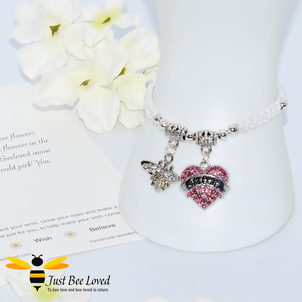 White shamballa bee charm bracelet featuring a love heart engraved with Mom with a verse card