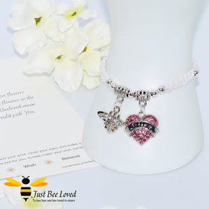 handmade Shamballa wish mother bracelet in white featuring a bee and pink love heart engraved with "Mom" with sentimental verse card