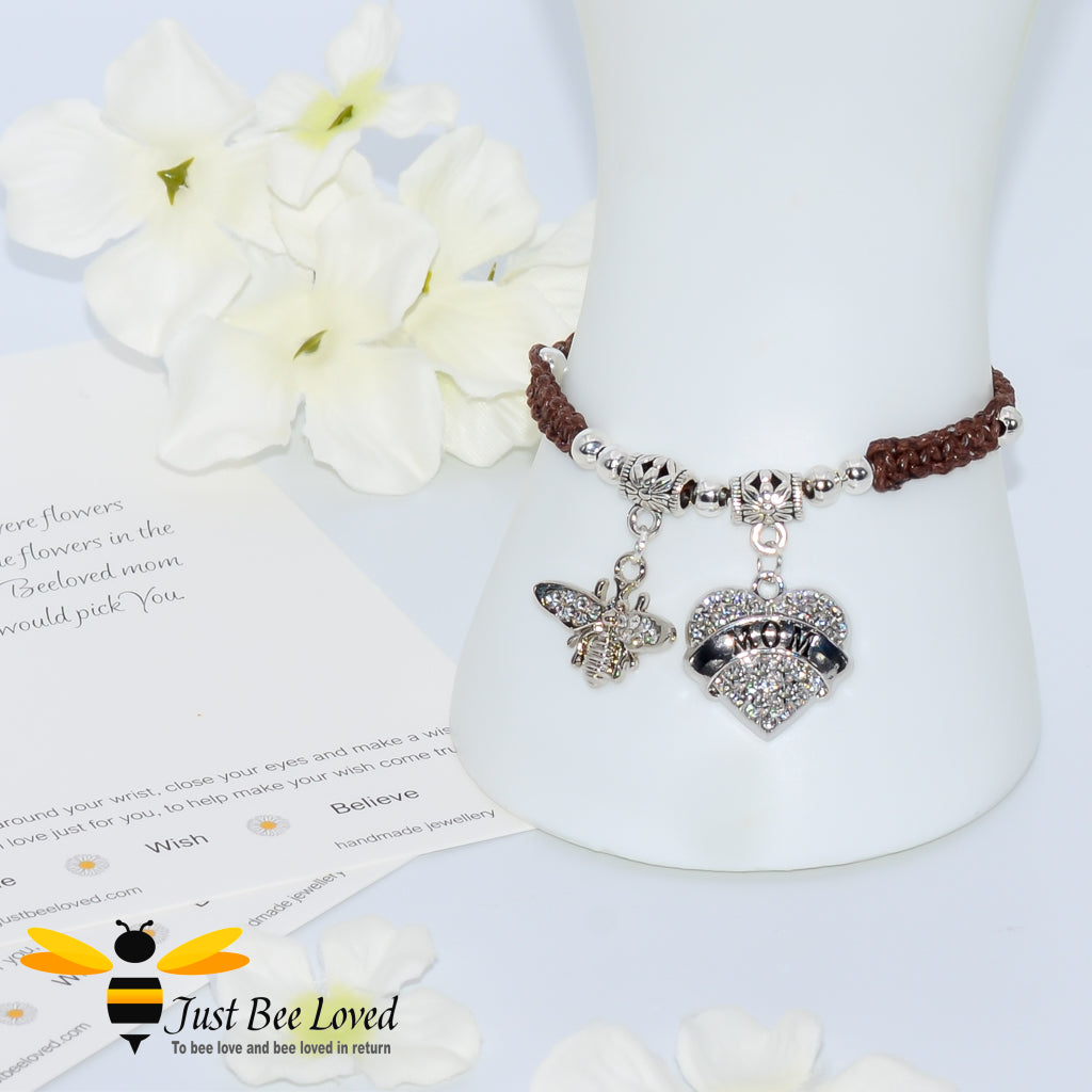 Brown shamballa bee charm bracelet featuring a love heart engraved with Mom with a verse card