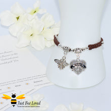 Load image into Gallery viewer, handmade Shamballa wish mother bracelet in brown featuring a bee and love heart engraved with &quot;Mom&quot; with sentimental verse card