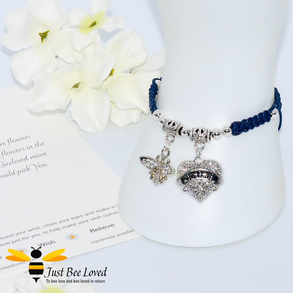 Navy shamballa bee charm bracelet featuring a love heart engraved with Mom with a verse card