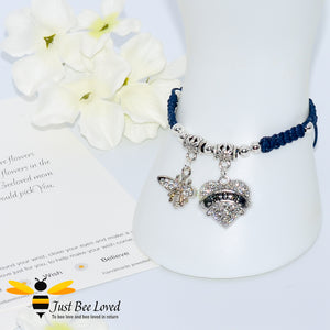 handmade Shamballa wish mother bracelet in navy featuring a bee and love heart engraved with "Mom" with sentimental verse card