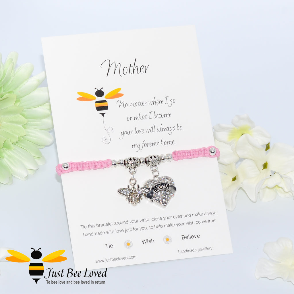Pink shamballa bee charm bracelet featuring a love heart engraved with Mom with a verse card