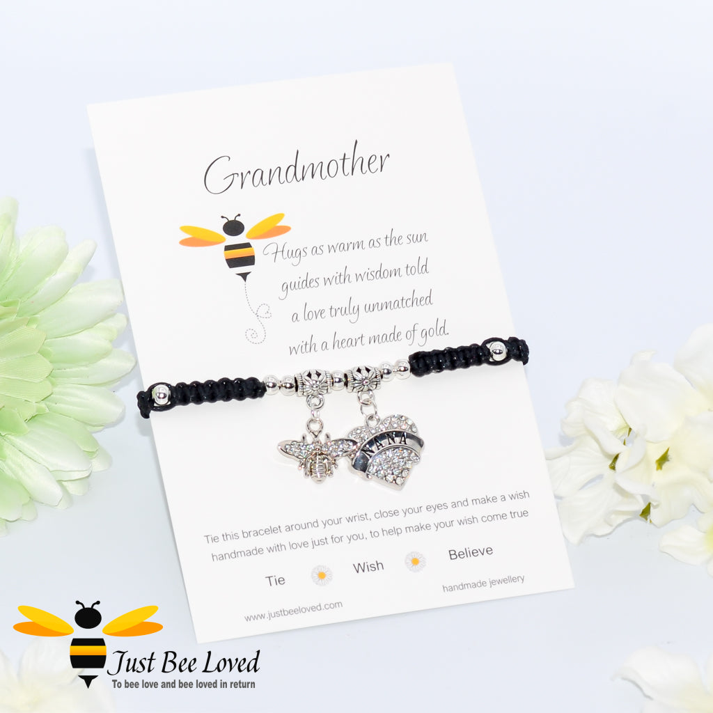 Black Shamballa wish bracelet featuring a crystal bee and heart engraved with "Nana" with grandmother verse card
