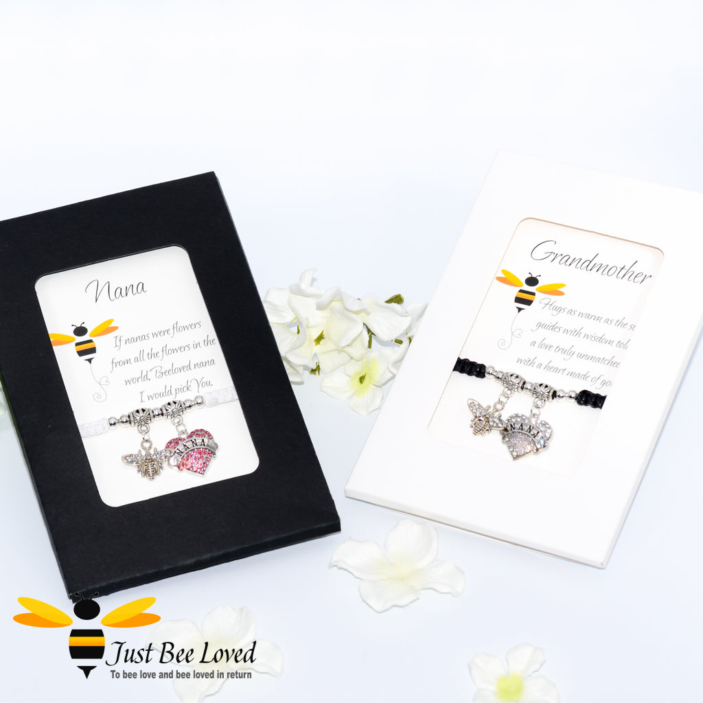 handmade Shamballa wish bracelets for grandmother nana featuring a bee charm and heart engraved with "Nana" with sentimental verse cards