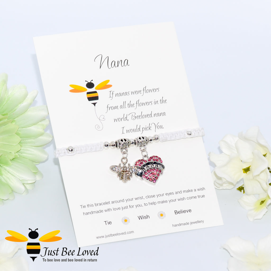 White Shamballa wish bracelet featuring a crystal bee and heart engraved with "Nana" with grandmother verse card