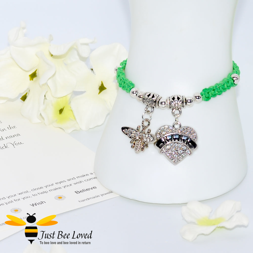 Green Shamballa wish bracelet featuring a crystal bee and heart engraved with "Nana" with grandmother verse card