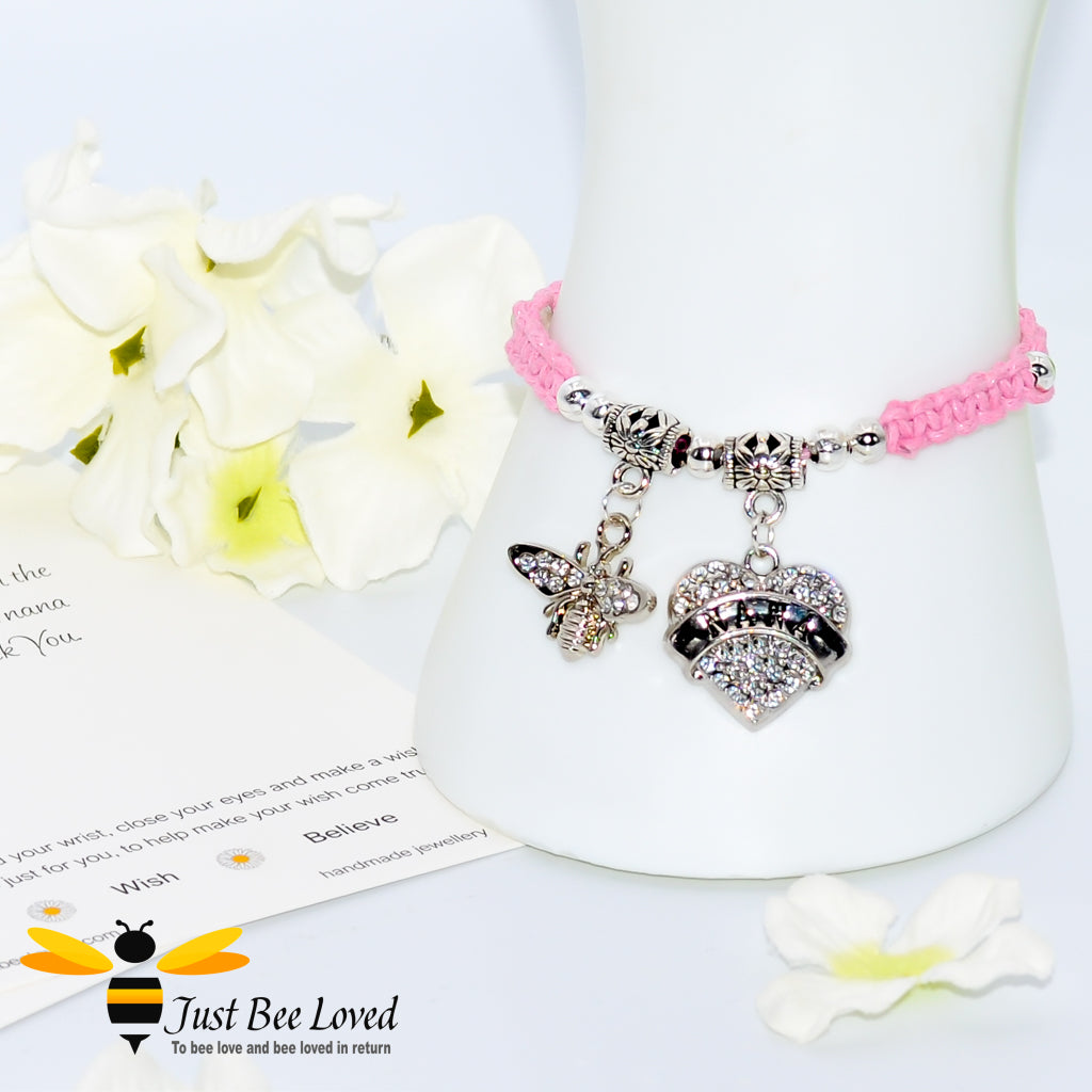 Pink Shamballa wish bracelet featuring a crystal bee and heart engraved with "Nana" with grandmother verse card