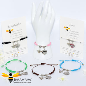 handmade Shamballa wish bracelets with crystal charm featuring a bee and love heart engraved with "Nana" with sentimental verse cards