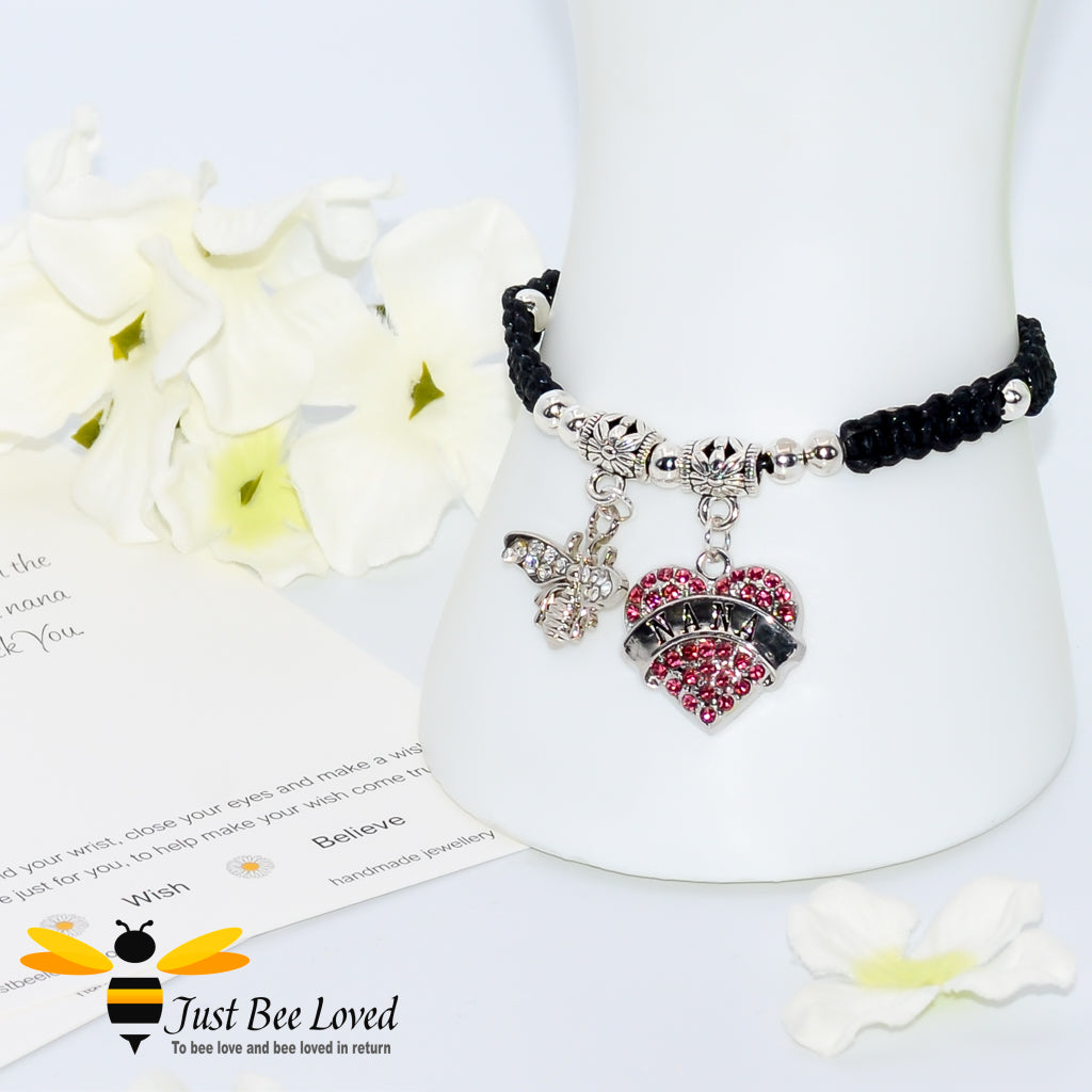 Black Shamballa wish bracelet featuring a crystal bee and heart engraved with "Nana" with grandmother verse card