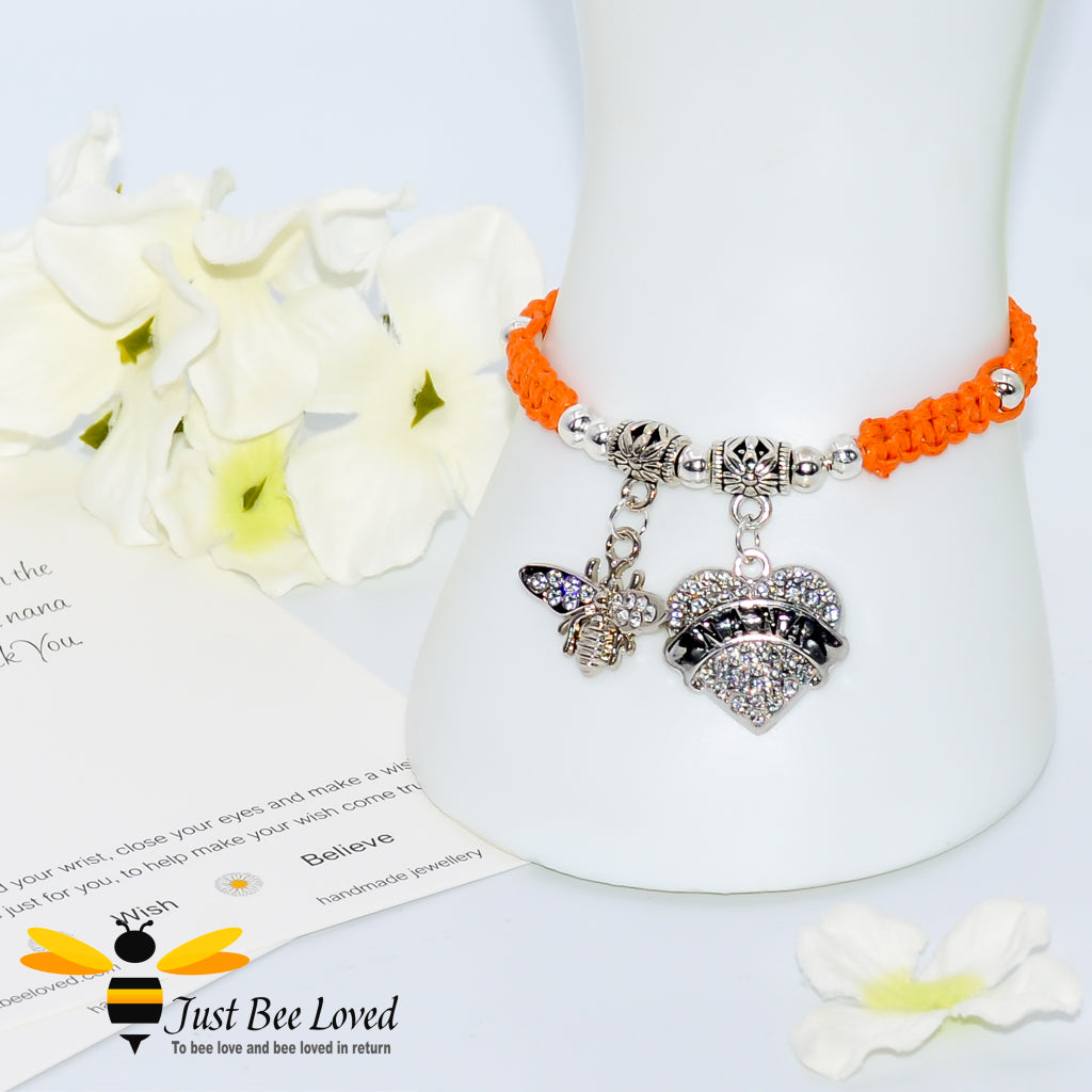 Orange Shamballa wish bracelet featuring a crystal bee and heart engraved with "Nana" with grandmother verse card