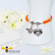 Load image into Gallery viewer, handmade orange Shamballa wish bracelet for grandmother nana featuring a bee and love heart engraved with &quot;Nana&quot; with sentimental verse card