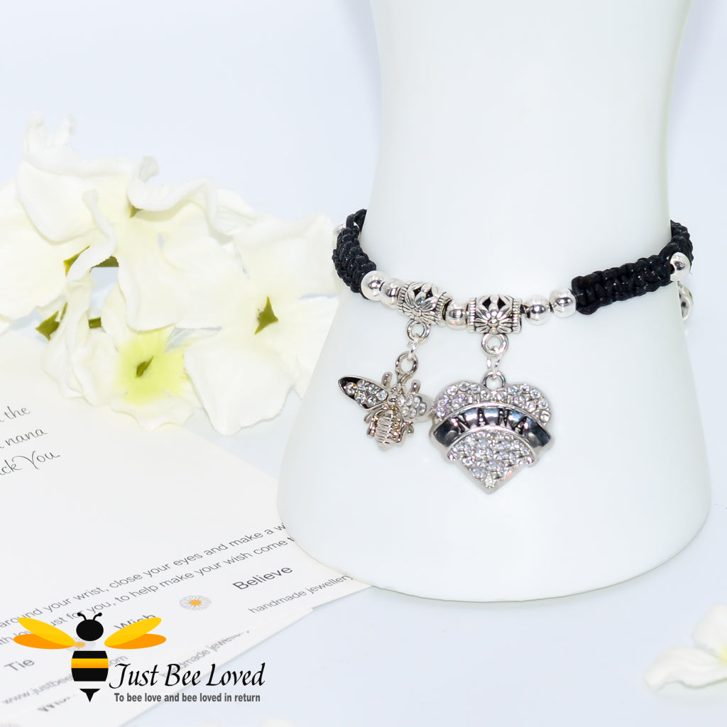 Black Shamballa wish bracelet featuring a crystal bee and heart engraved with "Nana" with grandmother verse card