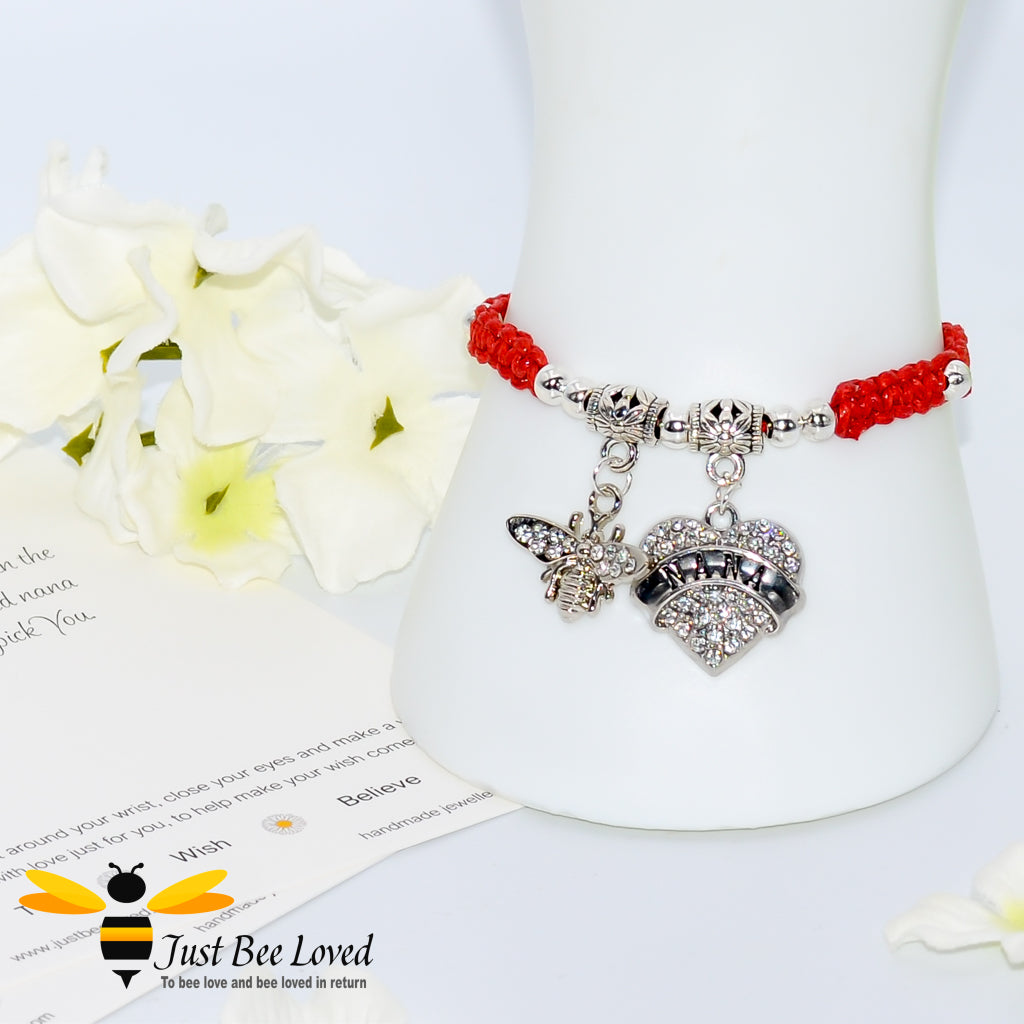 Red Shamballa wish bracelet featuring a crystal bee and heart engraved with "Nana" with grandmother verse card