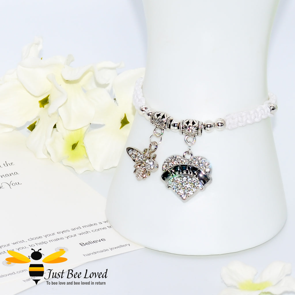 White Shamballa wish bracelet featuring a crystal bee and heart engraved with "Nana" with grandmother verse card
