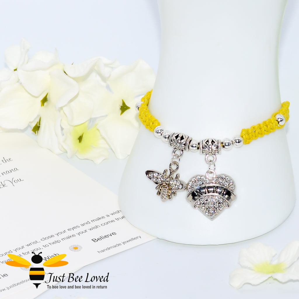Yellow Shamballa wish bracelet featuring a crystal bee and heart engraved with "Nana" with grandmother verse card