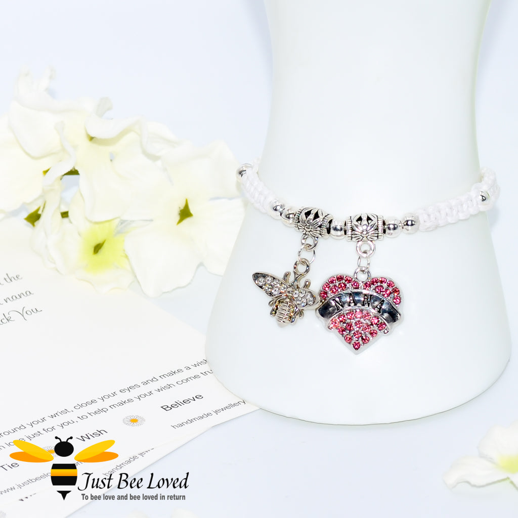 White Shamballa wish bracelet featuring a crystal bee and heart engraved with "Nana" with grandmother verse card