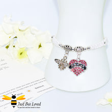 Load image into Gallery viewer, handmade white Shamballa charm bracelet for grandmother nana featuring a bee and love heart engraved with &quot;Nana&quot; with sentimental verse card