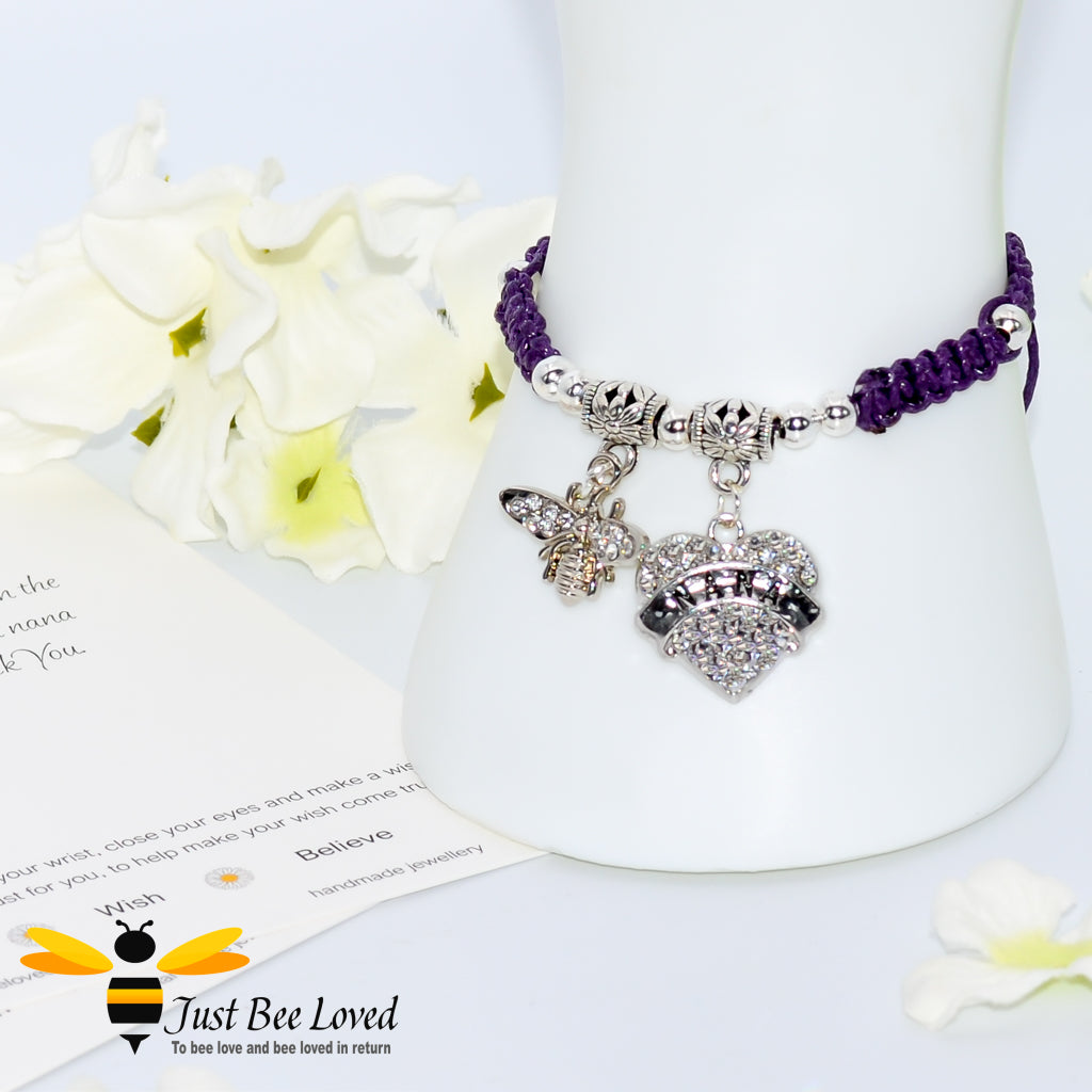 Purple Shamballa wish bracelet featuring a crystal bee and heart engraved with "Nana" with grandmother verse card