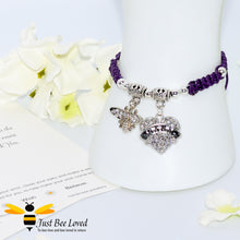 Load image into Gallery viewer, handmade purple Shamballa charm bracelet for grandmother nana featuring a bee and love heart engraved with &quot;Nana&quot; with sentimental verse card
