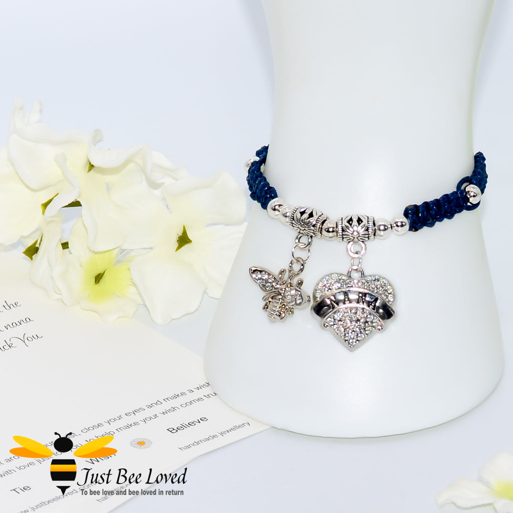 Green Shamballa wish bracelet featuring a crystal bee and heart engraved with "Nana" with grandmother verse card