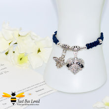 Load image into Gallery viewer, handmade navy Shamballa wish charm bracelet for grandmother nana featuring a bee and love heart engraved with &quot;Nana&quot; with sentimental verse card