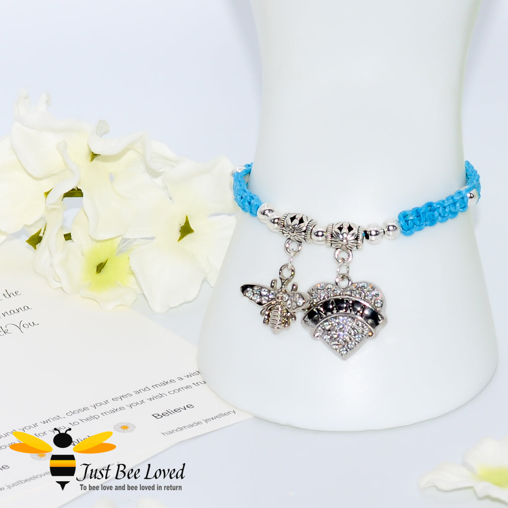 Blue Shamballa wish bracelet featuring a crystal bee and heart engraved with "Nana" with grandmother verse card