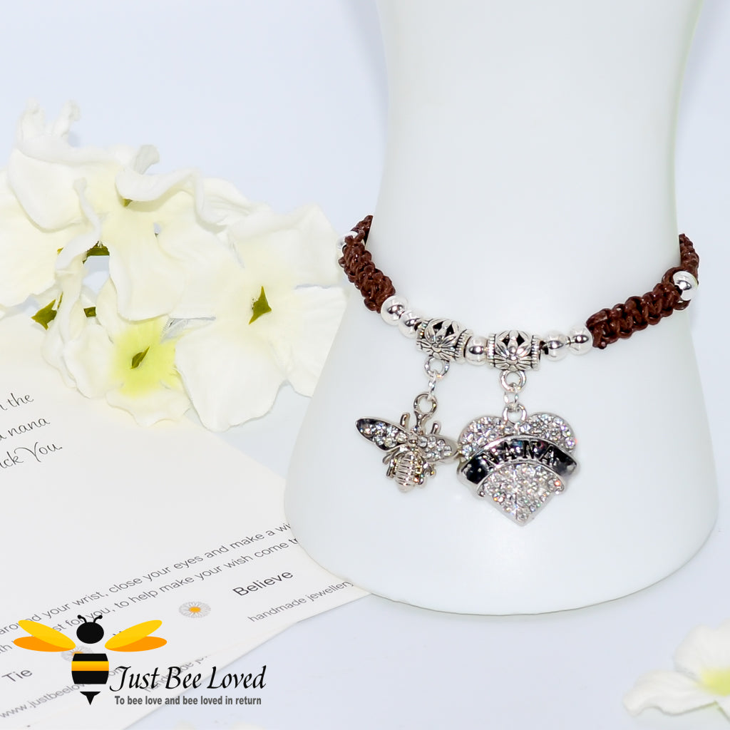 Brown Shamballa wish bracelet featuring a crystal bee and heart engraved with "Nana" with grandmother verse card