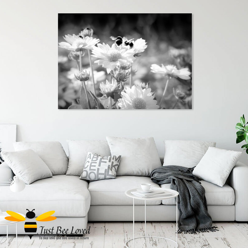 Just Bee Loved Home Decor Large Canvas of Daisy Dancing Bumblebees Black and white Wall Decor by Landscape & Nature Photographer Yasmin Flemming