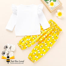 Load image into Gallery viewer, Baby girl fashionable 2 piece set featuring a white long sleeved top with &quot;One Bee&quot; print matched with lovely harem styled bees printed yellow trousers.