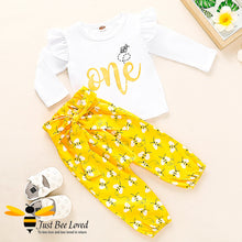 Load image into Gallery viewer, Baby girl fashionable 2 piece set featuring a white long sleeved top with &quot;One Bee&quot; print matched with lovely harem styled bees printed yellow trousers. 