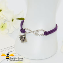 Load image into Gallery viewer, Handmade faux purple suede leather bracelet featuring a bee charm with love link