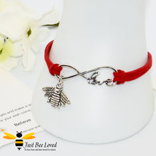 Load image into Gallery viewer, Handmade faux red suede leather bracelet featuring a bee charm with love link