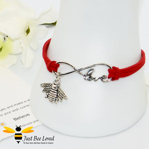 Handmade faux red suede leather bracelet featuring a bee charm with love link